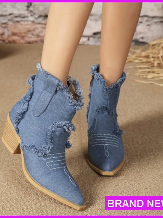 Denim Western Ankle Boots with Embroidery Chunky Heel Pointed Toe Side Zipper - Picture 5 of 7
